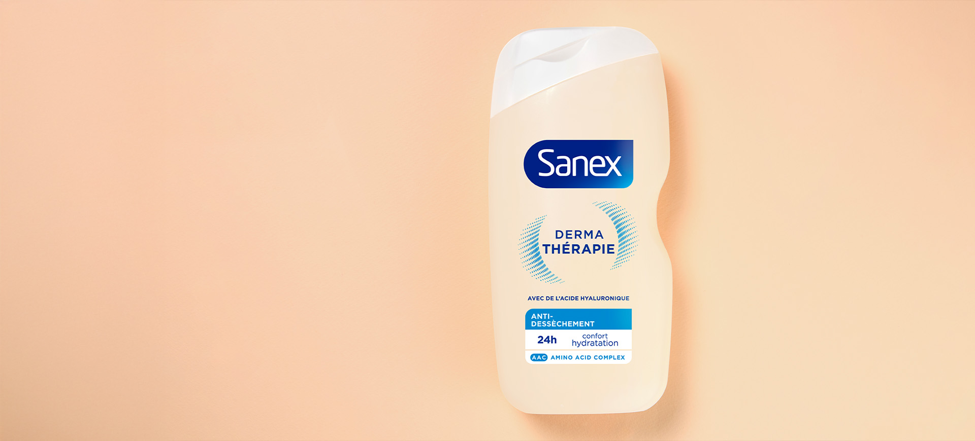 Sanex Derma Therapy pour la peau sèche sur un fond de couleur claire.