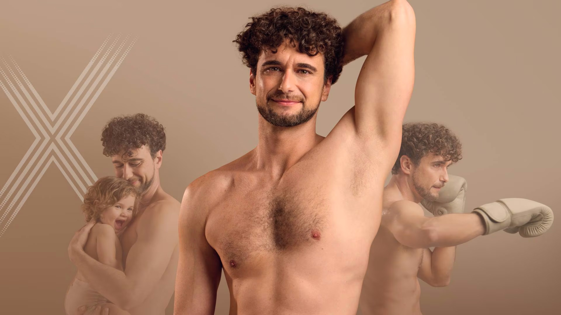 Photomontage d'un homme torse nu aux cheveux bouclés. Au premier plan, il pose avec confiance, un bras levé. En arrière-plan, le même homme est montré dans deux autres rôles : tenant tendrement un enfant et en posture de boxeur.