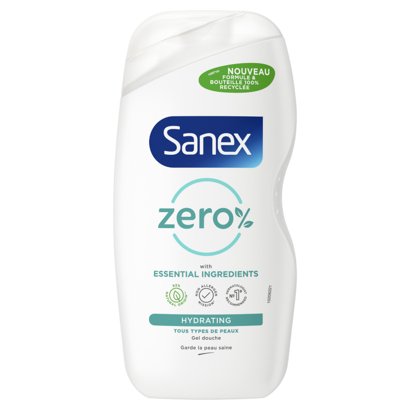 Flacon de gel douche Sanex Zero % Hydrating. L'étiquette turquoise indique qu'il contient des "ingrédients essentiels" pour "tous types de peaux". Un macaron vert signale "Nouveau, formule et bouteille 100% recyclée".