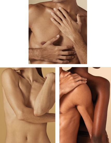 Collage de trois photos montrant différentes personnes et interactions. En haut, les mains d'un homme sur sa poitrine. En bas à gauche, une personne très mince enlace son corps. En bas à droite, deux personnes de couleurs de peau différentes s'étreignent.